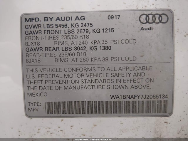 WA1BNAFY7J2065134 Audi Q5 2.0t Premium/2.0t Tech Premium
