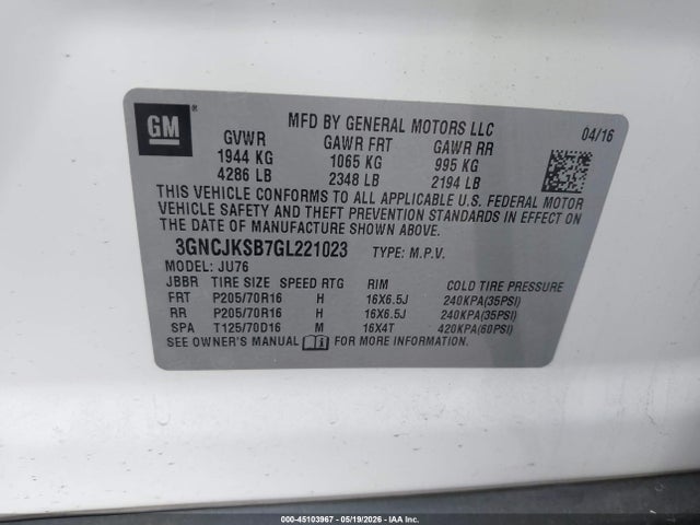 3GNCJKSB7GL221023 Chevrolet Trax 1ls