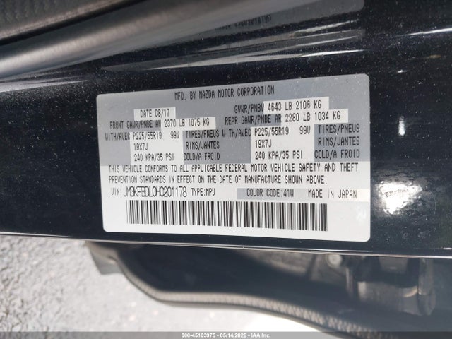 45103975 :رقم المزاد ، JM3KFBDL0H0201178 vin ، 2017 Mazda Cx-5 Grand Select مزاد بيع