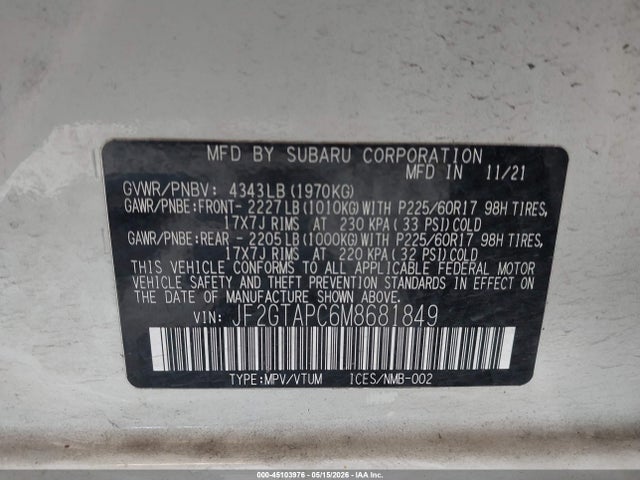 Продажа на аукционе авто 2021 Subaru Crosstrek Premium, vin: JF2GTAPC6M8681849, номер лота: 45103976
