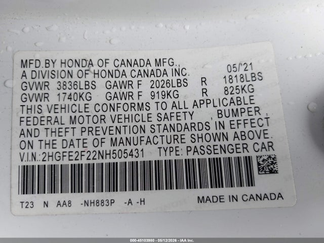 Продаж на аукціоні авто 2022 Honda Civic Lx, vin: 2HGFE2F22NH505431, номер лоту: 45103980