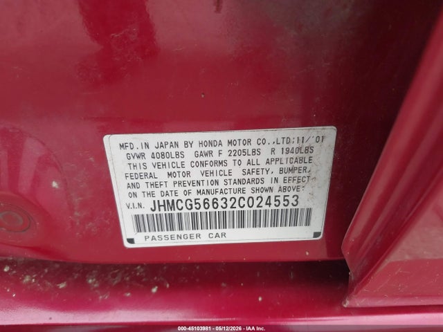45103981 :رقم المزاد ، JHMCG56632C024553 vin ، 2002 Honda Accord 2.3 Ex مزاد بيع