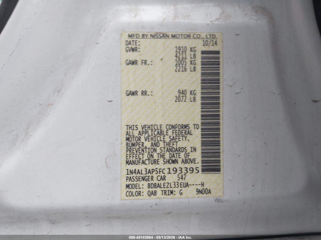 45103984 :رقم المزاد ، 1N4AL3AP5FC193395 vin ، 2015 Nissan Altima 2.5 S مزاد بيع