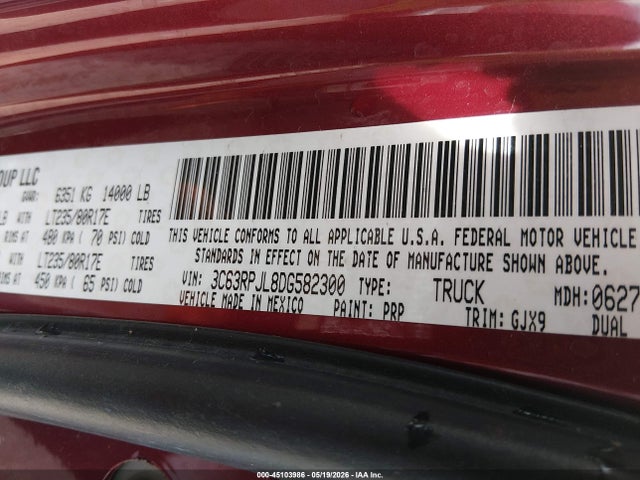 2013 Ram 3500 Laramie მანქანა იყიდება აუქციონზე, vin: 3C63RPJL8DG582300, აუქციონის ნომერი: 45103986