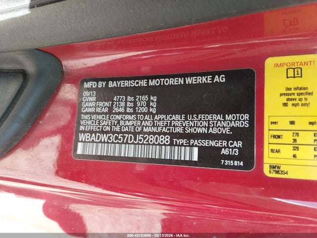 2013 Bmw 328i მანქანა იყიდება აუქციონზე, vin: WBADW3C57DJ528088, აუქციონის ნომერი: 45103996