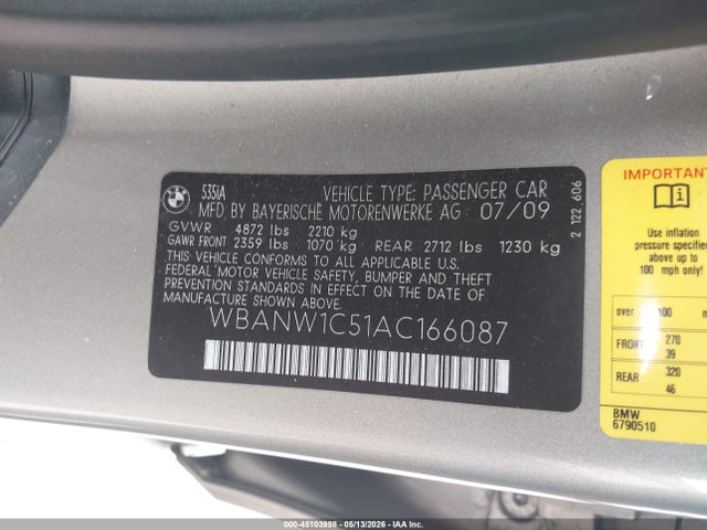 45103998 :رقم المزاد ، WBANW1C51AC166087 vin ، 2010 Bmw 535i مزاد بيع