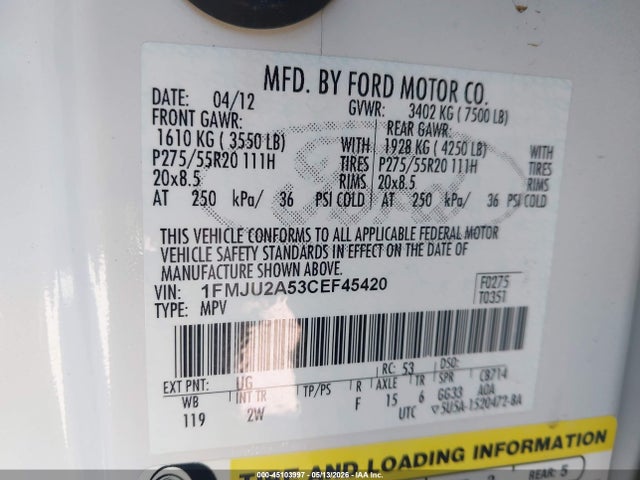 Продажа на аукционе авто 2012 Ford Expedition Limited, vin: 1FMJU2A53CEF45420, номер лота: 45103997