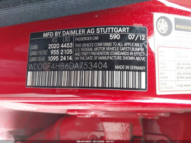 45104003 :رقم المزاد ، WDDGF4HB6DA753404 vin ، 2013 Mercedes-benz C 250 Sport مزاد بيع