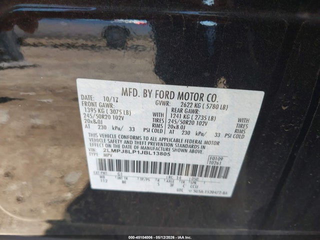 45104006 :رقم المزاد ، 2LMPJ8LP1JBL13805 vin ، 2018 Lincoln Mkx Reserve مزاد بيع