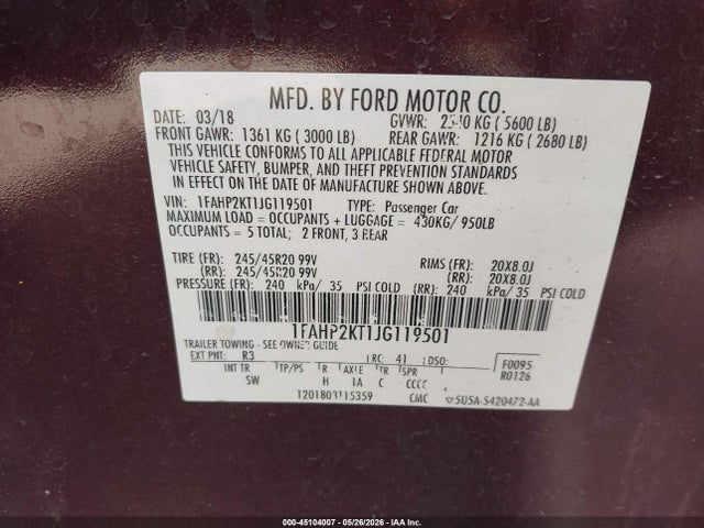 Aukcja sprzedaży 2018 Ford Taurus Sho, vin: 1FAHP2KT1JG119501, numer aukcji: 45104007