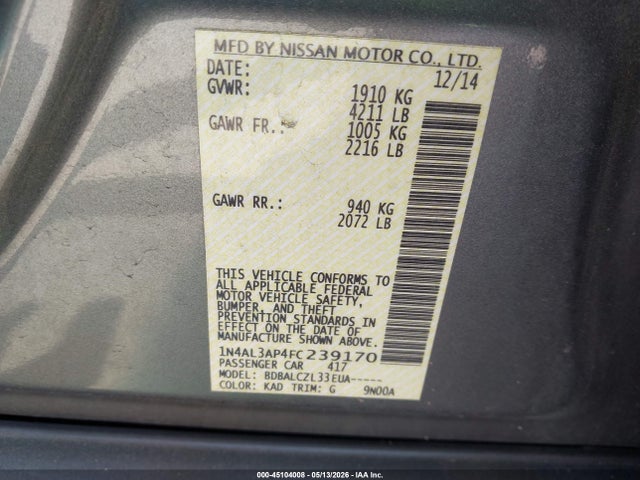 Продажа на аукционе авто 2015 Nissan Altima 2.5/2.5 S/2.5 Sl/2.5 Sv, vin: 1N4AL3AP4FC239170, номер лота: 45104008