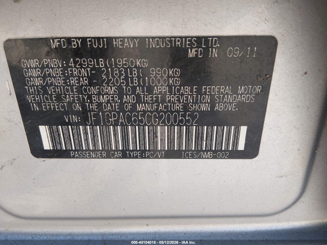45104018 :رقم المزاد ، JF1GPAC65CG200552 vin ، 2012 Subaru Impreza 2.0i Premium مزاد بيع