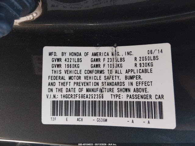 45104023 :رقم المزاد ، 1HGCR2F58EA252356 vin ، 2014 Honda Accord Sport مزاد بيع