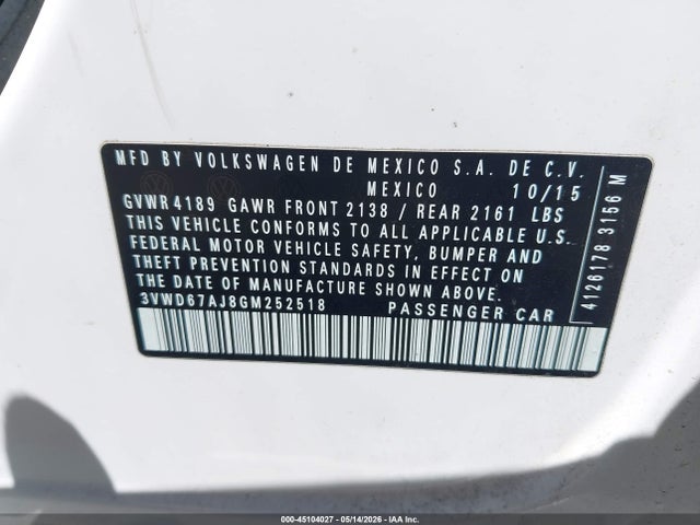 Aukcja sprzedaży 2016 Volkswagen Jetta 1.4t Se, vin: 3VWD67AJ8GM252518, numer aukcji: 45104027