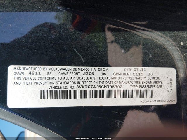 Aukcja sprzedaży 2012 Volkswagen Jetta 2.5l Se, vin: 3VWDX7AJ5CM306302, numer aukcji: 45104037