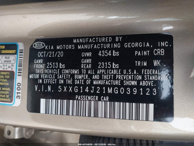 Aukcja sprzedaży 2021 Kia K5 Lxs, vin: 5XXG14J21MG039123, numer aukcji: 45104038