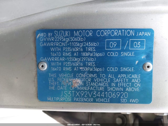 45104041 :رقم المزاد ، JS3TX92V344106920 vin ، 2004 Suzuki Xl-7 Ex/lx مزاد بيع