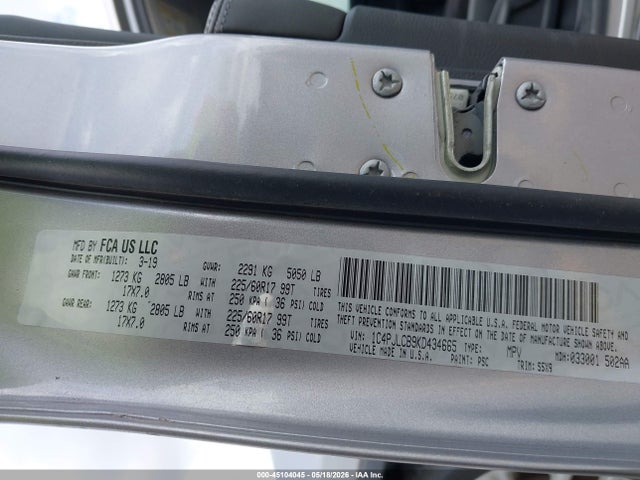 Aukcja sprzedaży 2019 Jeep Cherokee Latitude Fwd, vin: 1C4PJLCB9KD434665, numer aukcji: 45104045
