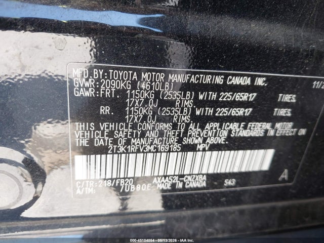 2T3K1RFV3MC169185 Toyota RAV4 LE