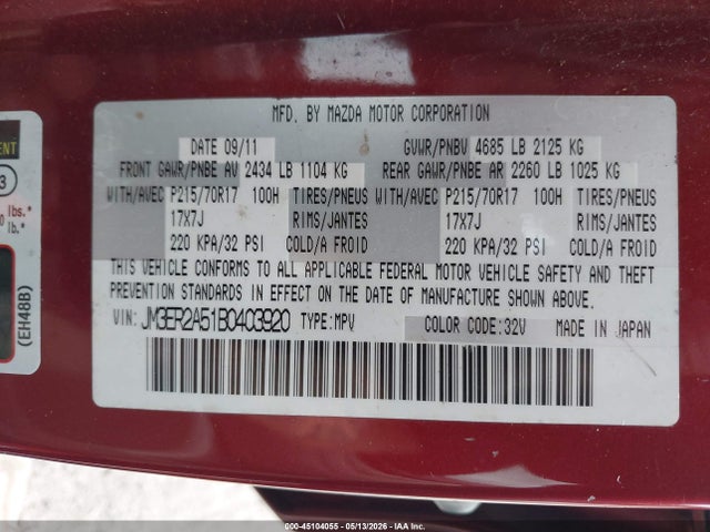 45104055 :رقم المزاد ، JM3ER2A51B0403920 vin ، 2011 Mazda Cx-7 I Sv مزاد بيع