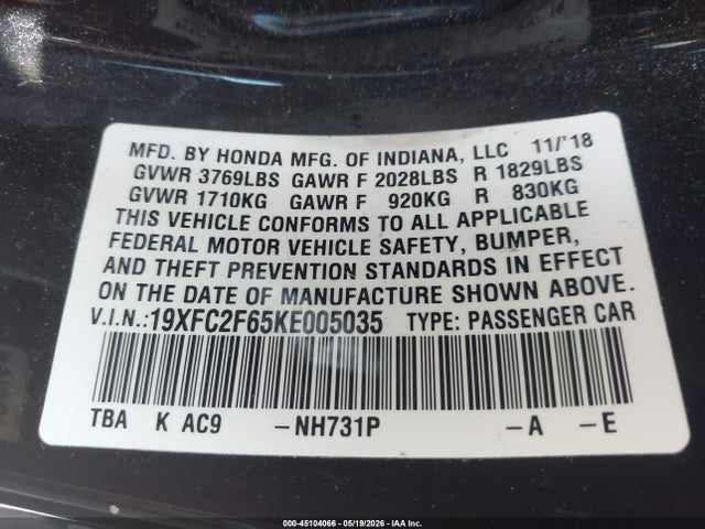 2019 Honda Civic Lx მანქანა იყიდება აუქციონზე, vin: 19XFC2F65KE005035, აუქციონის ნომერი: 45104066