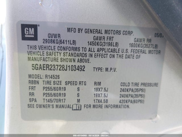 Продажа на аукционе авто 2008 Buick Enclave Cxl, vin: 5GAER23728J103492, номер лота: 45104068