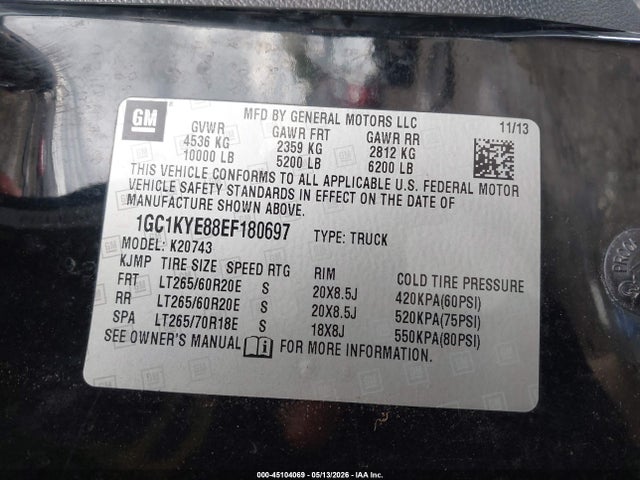 45104069 :رقم المزاد ، 1GC1KYE88EF180697 vin ، 2014 Chevrolet Silverado 2500hd Ltz مزاد بيع