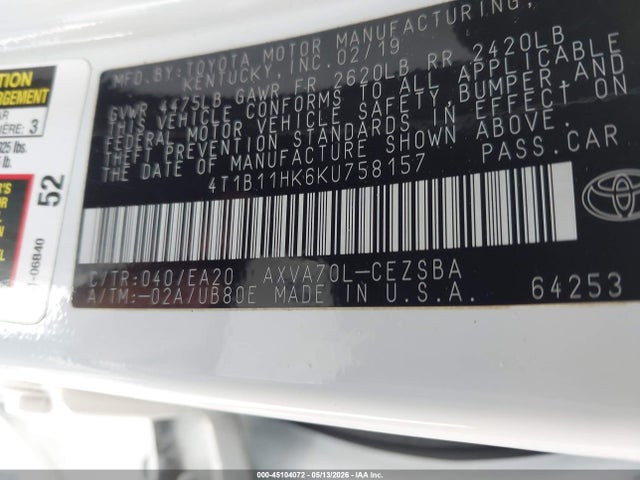Aukcja sprzedaży 2019 Toyota Camry Se, vin: 4T1B11HK6KU758157, numer aukcji: 45104072