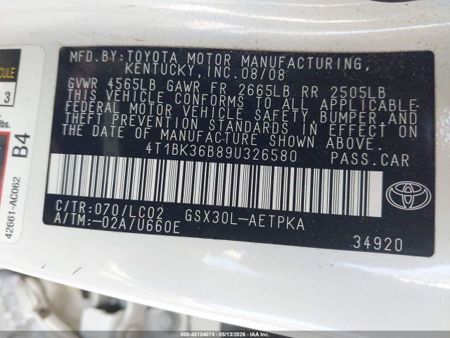 Aukcja sprzedaży 2009 Toyota Avalon Limited, vin: 4T1BK36B89U326580, numer aukcji: 45104074
