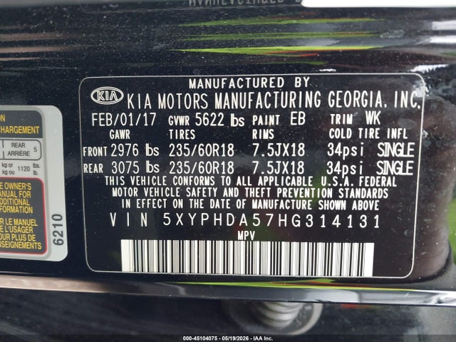 Aukcja sprzedaży 2017 Kia Sorento 3.3l Ex, vin: 5XYPHDA57HG314131, numer aukcji: 45104075