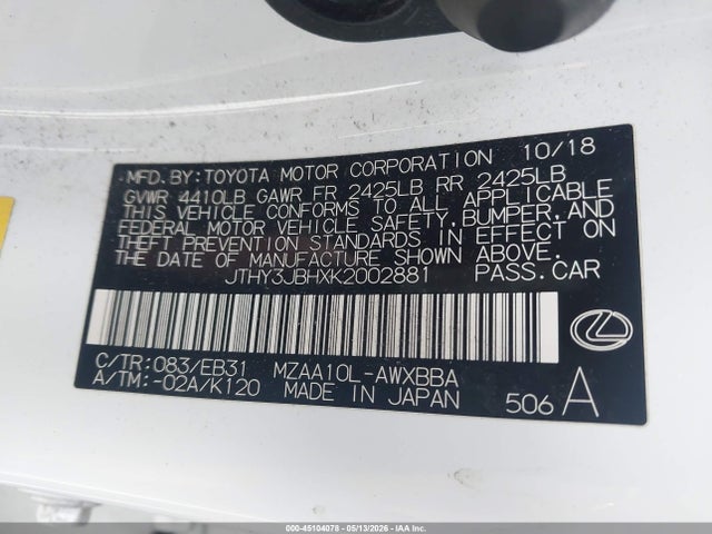 2019 Lexus Ux 200 F Sport მანქანა იყიდება აუქციონზე, vin: JTHY3JBHXK2002881, აუქციონის ნომერი: 45104078