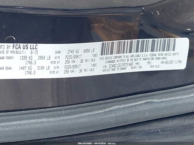 45104081 :رقم المزاد ، 2C4RC1CG1FR731483 vin ، 2015 Chrysler Town & Country Touring-l مزاد بيع
