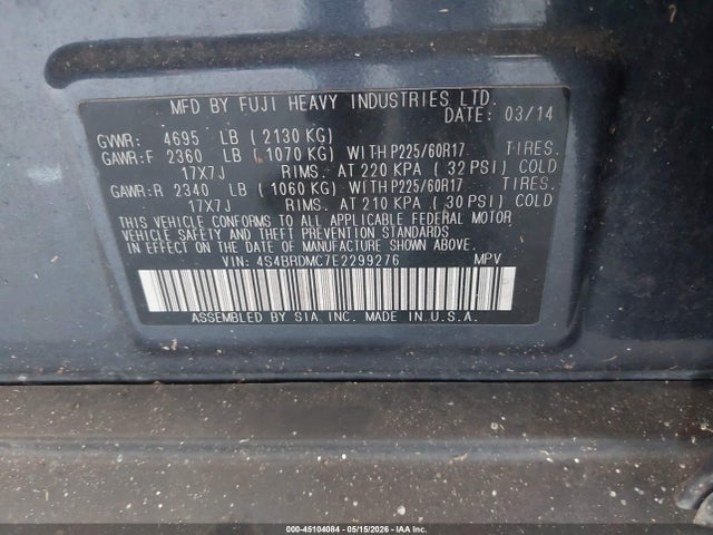 2014 Subaru Outback 3.6r Limited მანქანა იყიდება აუქციონზე, vin: 4S4BRDMC7E2299276, აუქციონის ნომერი: 45104084