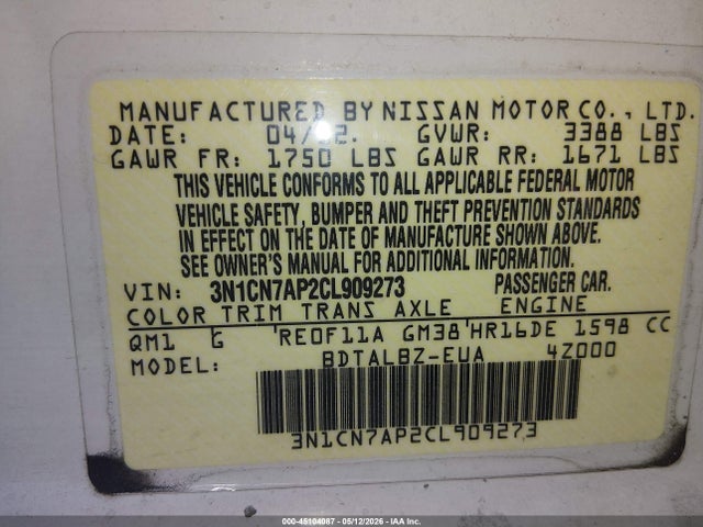 45104087 :رقم المزاد ، 3N1CN7AP2CL909273 vin ، 2012 Nissan Versa 1.6 Sv مزاد بيع