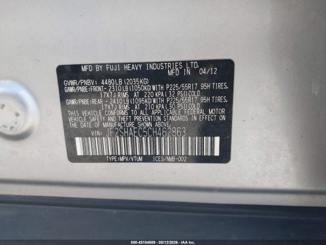 2012 Subaru Forester 2.5x Limited მანქანა იყიდება აუქციონზე, vin: JF2SHAEC5CH462863, აუქციონის ნომერი: 45104089