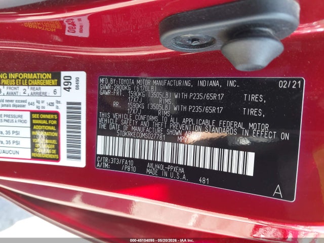 2021 Toyota Sienna Le მანქანა იყიდება აუქციონზე, vin: 5TDKRKEC0MS027781, აუქციონის ნომერი: 45104095