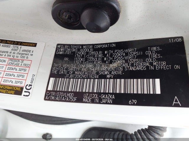 Продаж на аукціоні авто 2009 Lexus Gx 470, vin: JTJBT20X290176244, номер лоту: 45104099