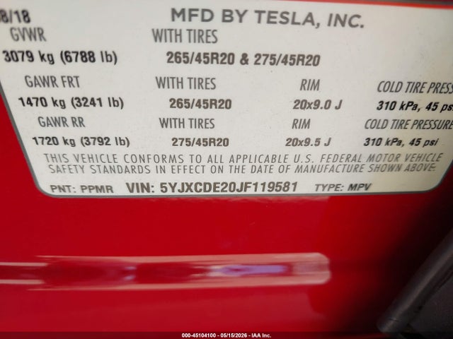 Aukcja sprzedaży 2018 Tesla Model X 100d/75d/p100d, vin: 5YJXCDE20JF119581, numer aukcji: 45104100