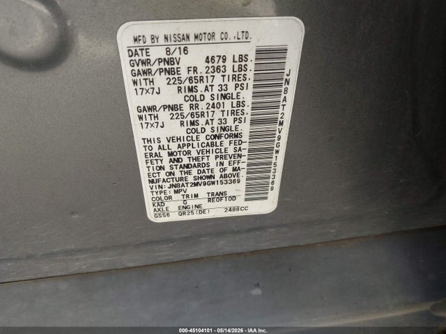 45104101 :رقم المزاد ، JN8AT2MV9GW153369 vin ، 2016 Nissan Rogue S مزاد بيع
