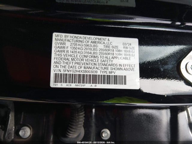 2025 Honda Pilot Ex-l მანქანა იყიდება აუქციონზე, vin: 5FNYG2H4XSB003039, აუქციონის ნომერი: 45104120