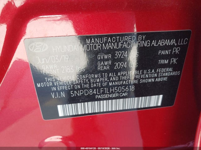 45104128 :رقم المزاد ، 5NPD84LF1LH505618 vin ، 2020 Hyundai Elantra Sel مزاد بيع