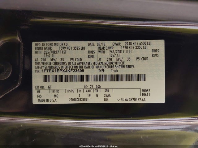 Aukcja sprzedaży 2018 Ford F-150 Xlt, vin: 1FTEX1EPXJKF23609, numer aukcji: 45104134