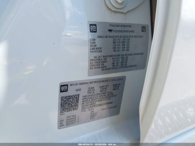 Продажа на аукционе авто 2022 Chevrolet Silverado 1500 4wd  Standard Bed Lt, vin: 3GCUDDED4NG504952, номер лота: 45104131