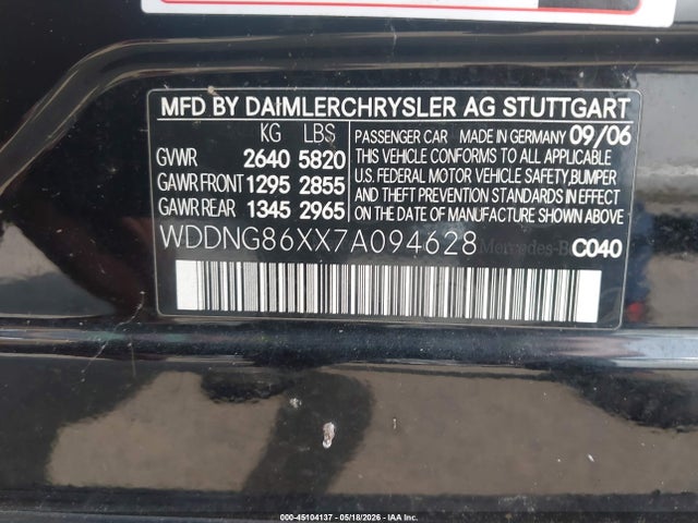 45104137 :رقم المزاد ، WDDNG86XX7A094628 vin ، 2007 Mercedes-benz S 550 4matic مزاد بيع