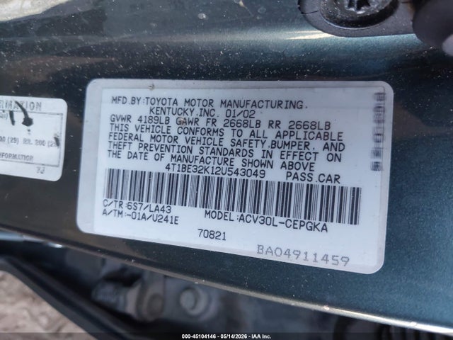Продаж на аукціоні авто 2002 Toyota Camry Xle, vin: 4T1BE32K12U543049, номер лоту: 45104146