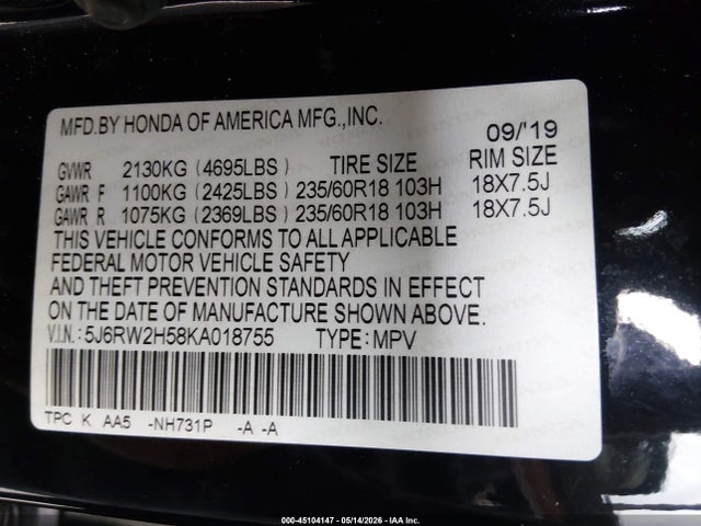 Auction sale of the 2019 Honda Cr-v Ex, vin: 5J6RW2H58KA018755, lot number: 45104147
