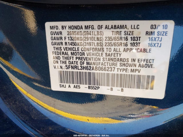 Продажа на аукционе авто 2010 Honda Odyssey Ex-l, vin: 5FNRL3H62AB066237, номер лота: 45104151
