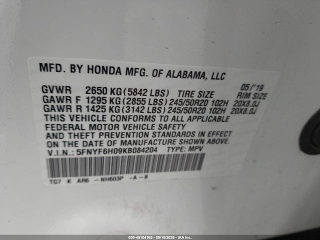 Aukcja sprzedaży 2019 Honda Pilot Elite, vin: 5FNYF6H09KB084204, numer aukcji: 45104165