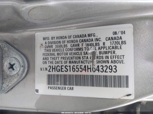45104173 :رقم المزاد ، 2HGES16554H643293 vin ، 2004 Honda Civic Lx مزاد بيع