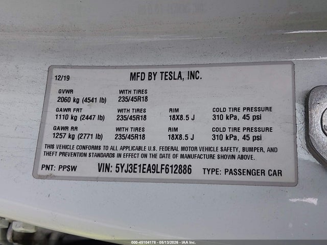 Aukcja sprzedaży 2020 Tesla Model 3 Standard Range Plus Rear-wheel Drive/standard Range Rear-wheel Drive, vin: 5YJ3E1EA9LF612886, numer aukcji: 45104178